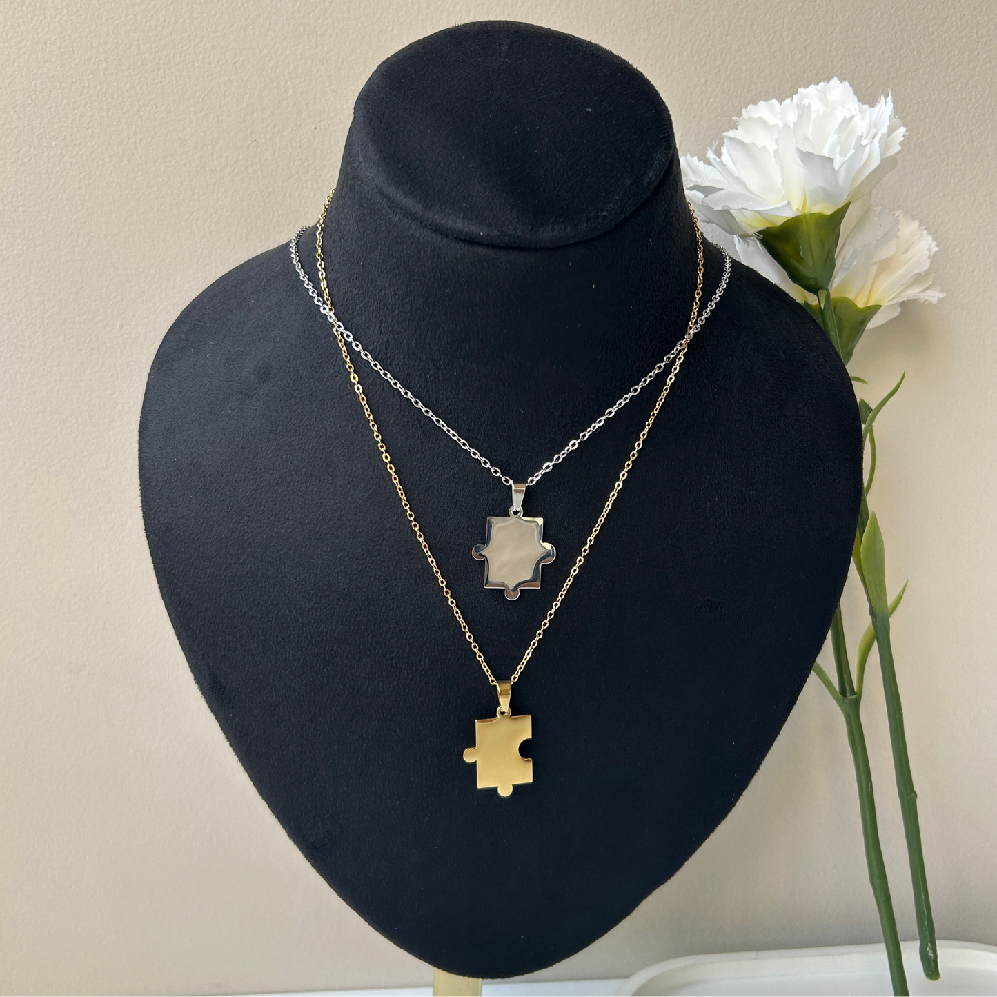 PERSONALISED PUZZLE NECKLACE SET OF 2 - 18K WHITE/GOLD-PLATED