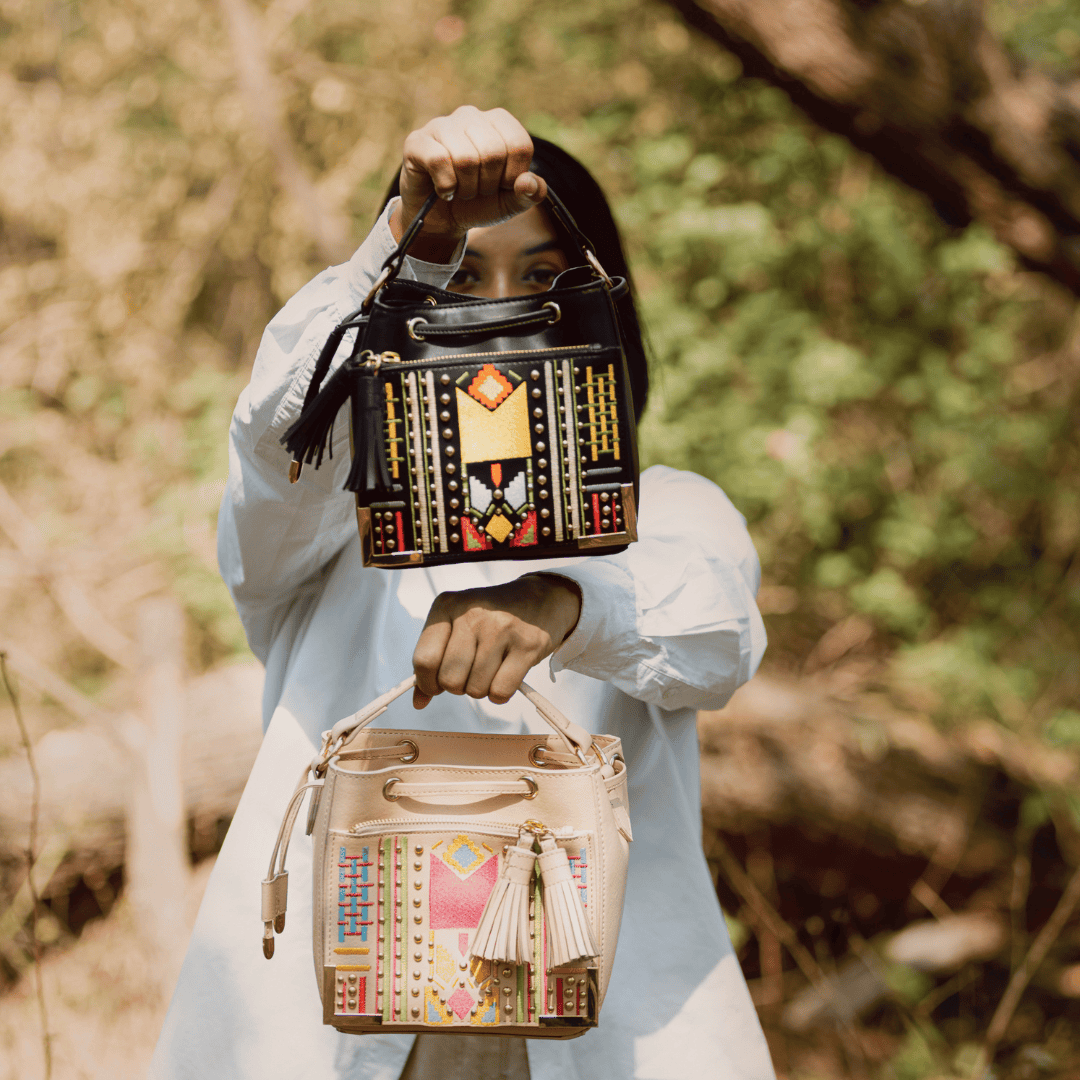 Nora Vegan Leather Embroidered Sling Bag - Black