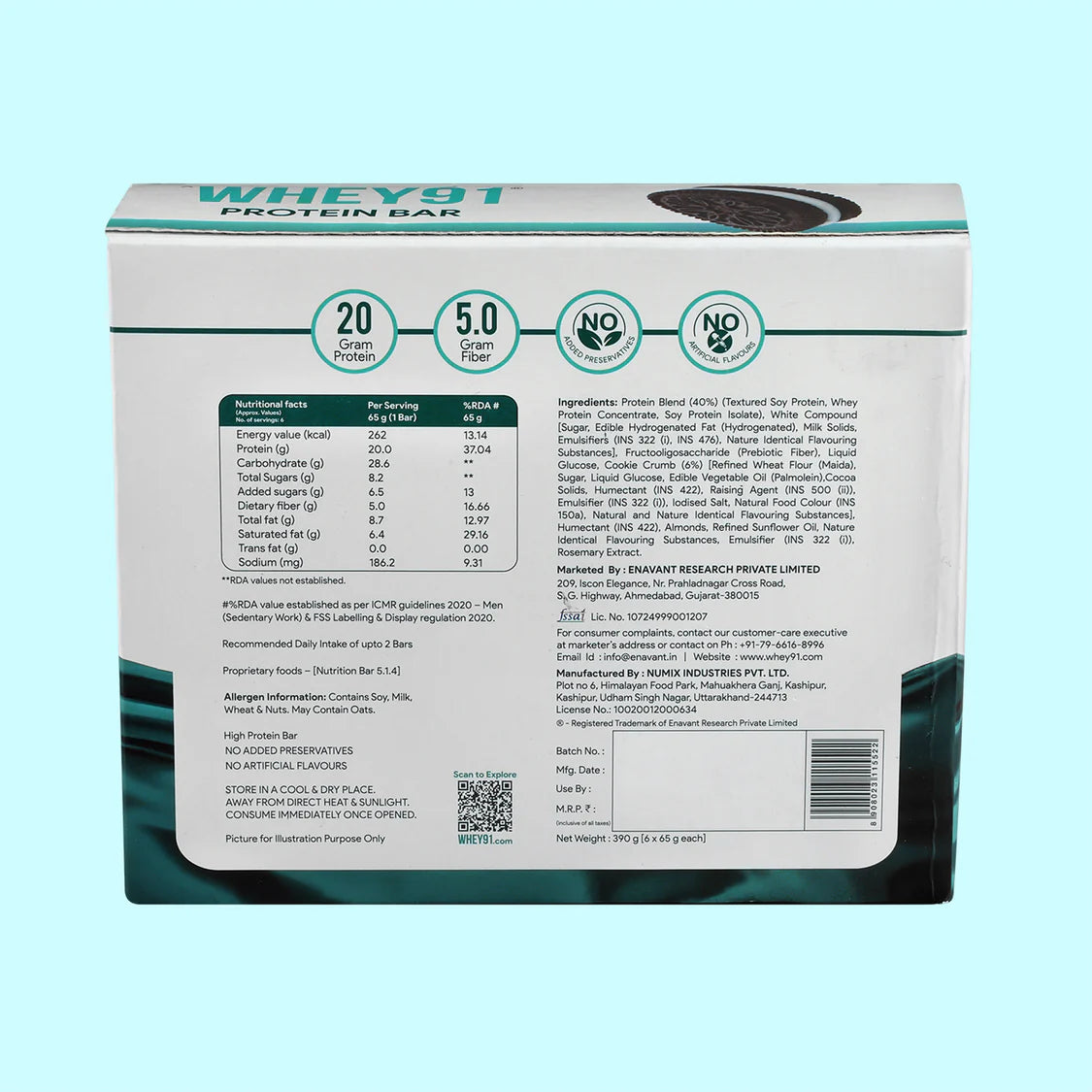 Whey91 Cookies & Cream Protein Bar, 20g Protein & 5g Fibre (Pack of 6 bars)