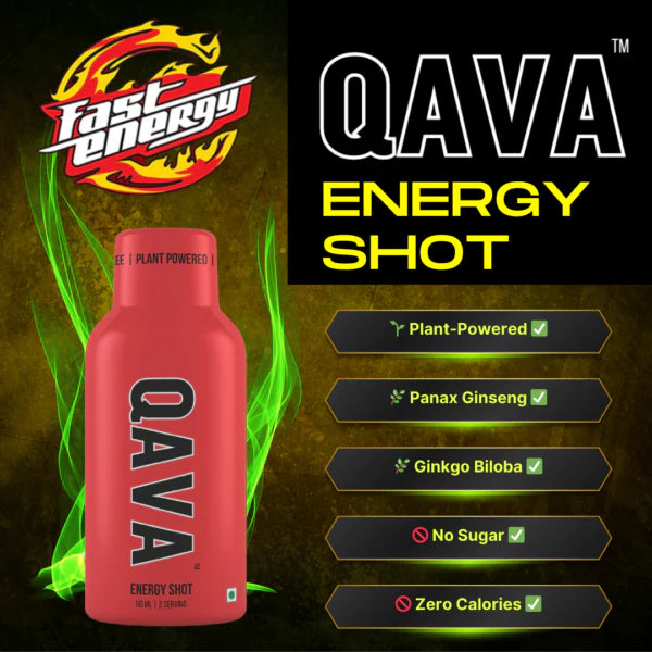 QAVA Energy Shot | Plant Powered | Panax Ginseng | Gingko Biloba | 60ML (Pack of 4) | No Added Sugar | Zero Calorie