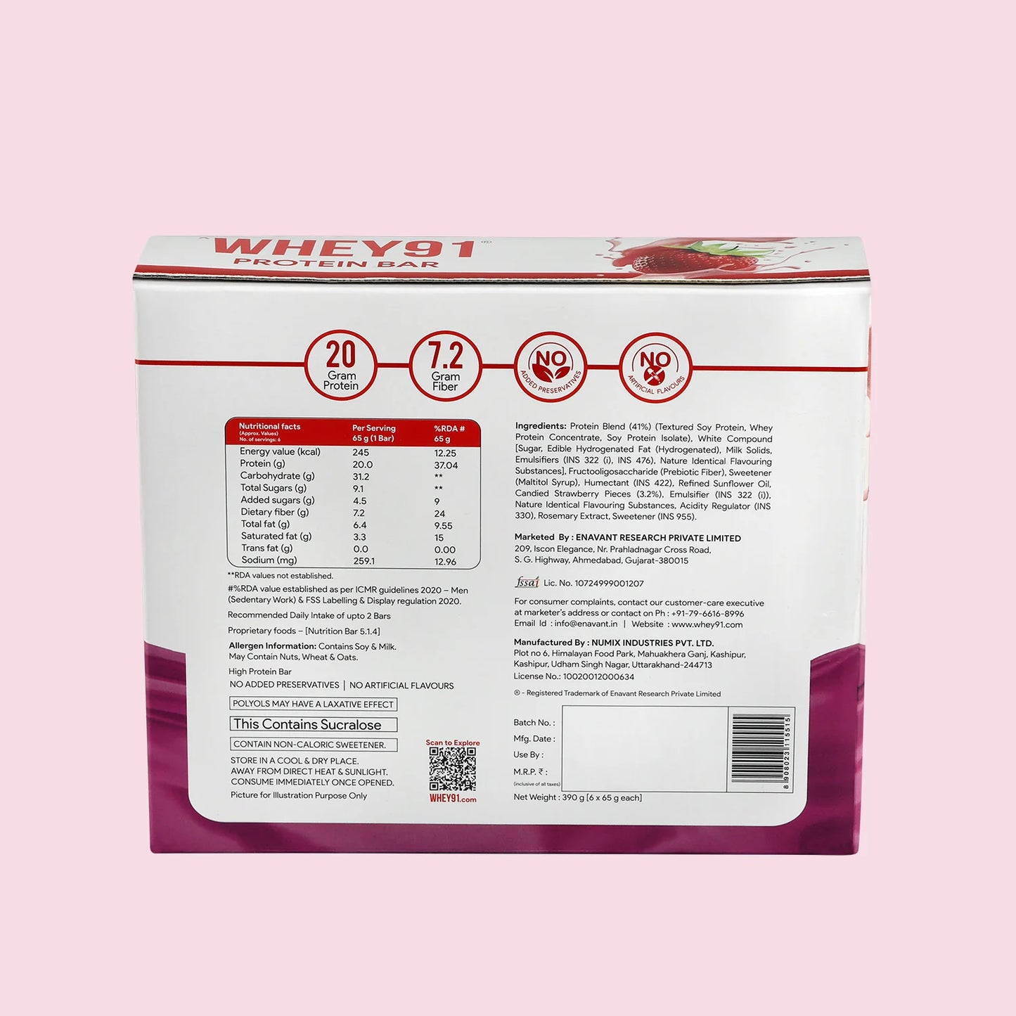 Whey91 Strawberry Splash Protein Bars - 20g Protein 7.2g Fibre (Pack of 6 bars)