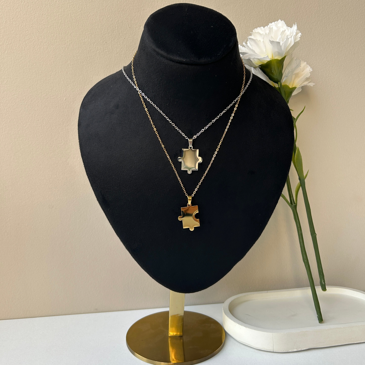 PERSONALISED PUZZLE NECKLACE SET OF 2 - 18K WHITE/GOLD-PLATED