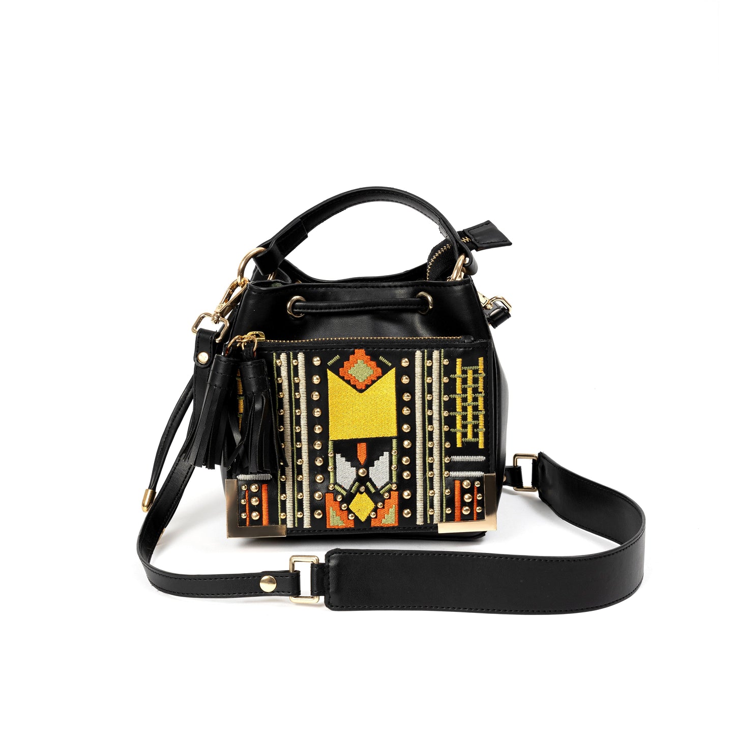 Nora Vegan Leather Embroidered Sling Bag - Black