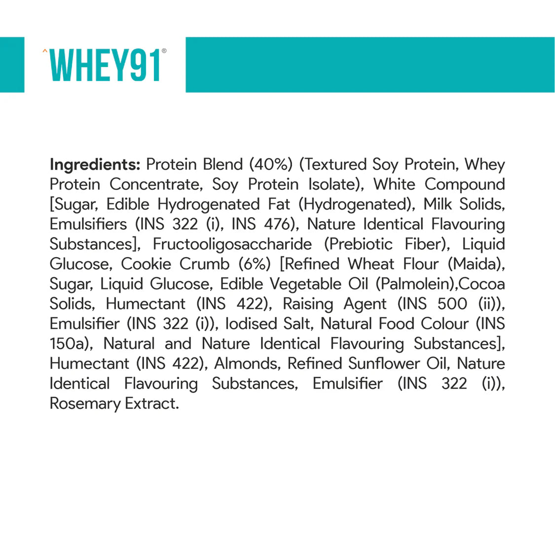 Whey91 Cookies & Cream Protein Bar, 20g Protein & 5g Fibre (Pack of 6 bars)