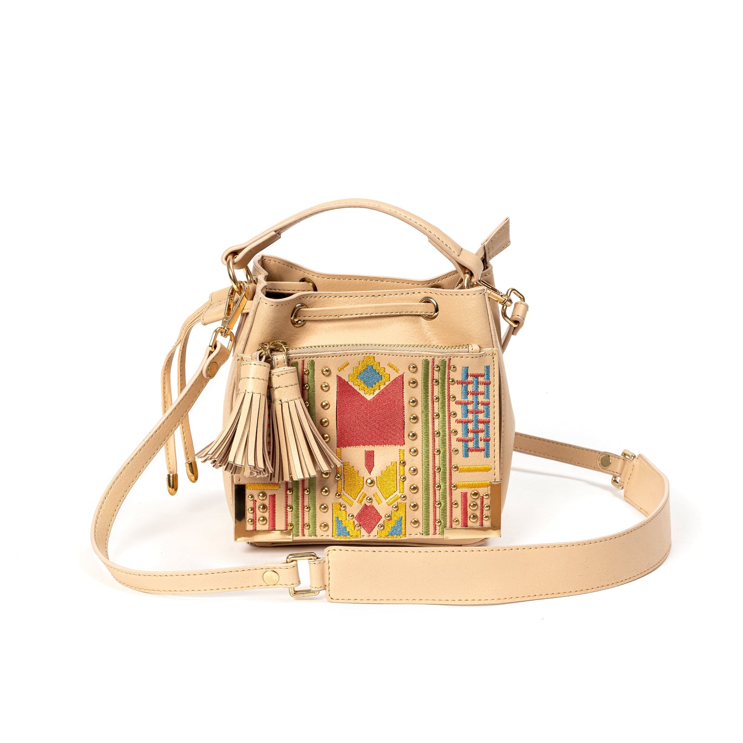 Nora Vegan Leather Embroidered Sling Bag - Almond