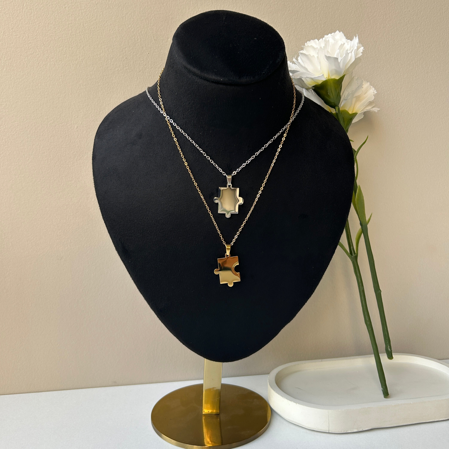 PERSONALISED PUZZLE NECKLACE SET OF 2 - 18K WHITE/GOLD-PLATED