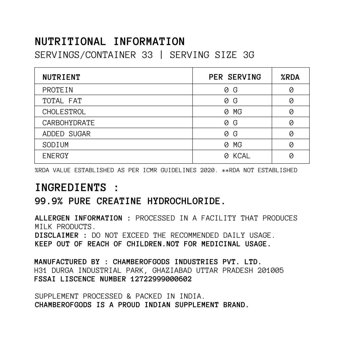 COG Creatine Hcl - 100% Pure | Built Different (33 Servings)