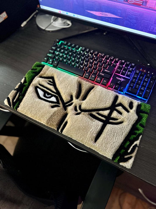 Zoro anime tufted keyboard rug on gaming desk setup
Hand-tufted Zoro anime keyboard rug made with New Zealand wool (5000 GSM)
Premium anime keyboard rug inspired by Zoro for desk setup
Soft pet-friendly Zoro anime desk rug close-up texture