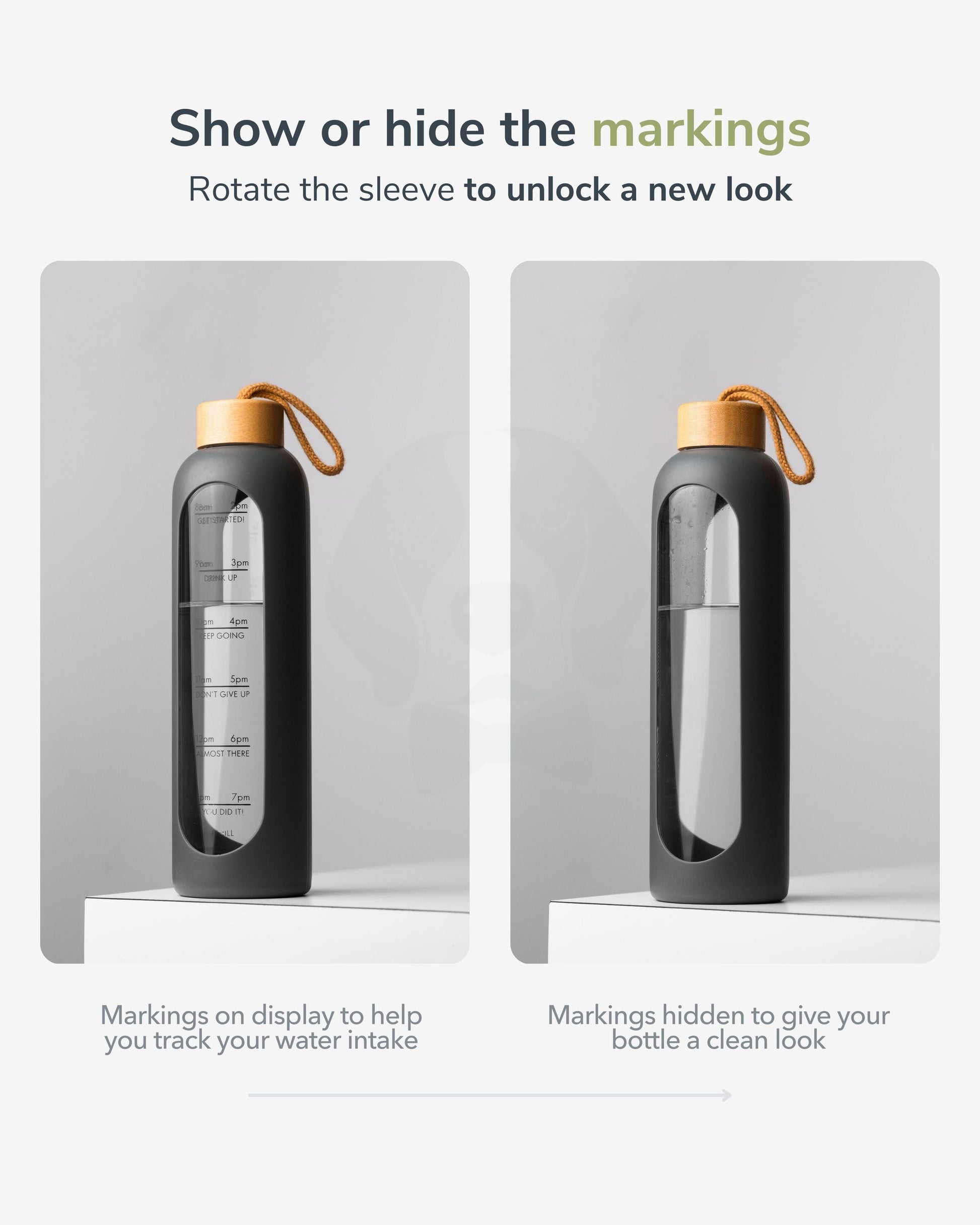 Stotodo Pillar Portable Glass Bottle Grey with Bamboo Lid which can Hide or Show Markings to Track Water Level