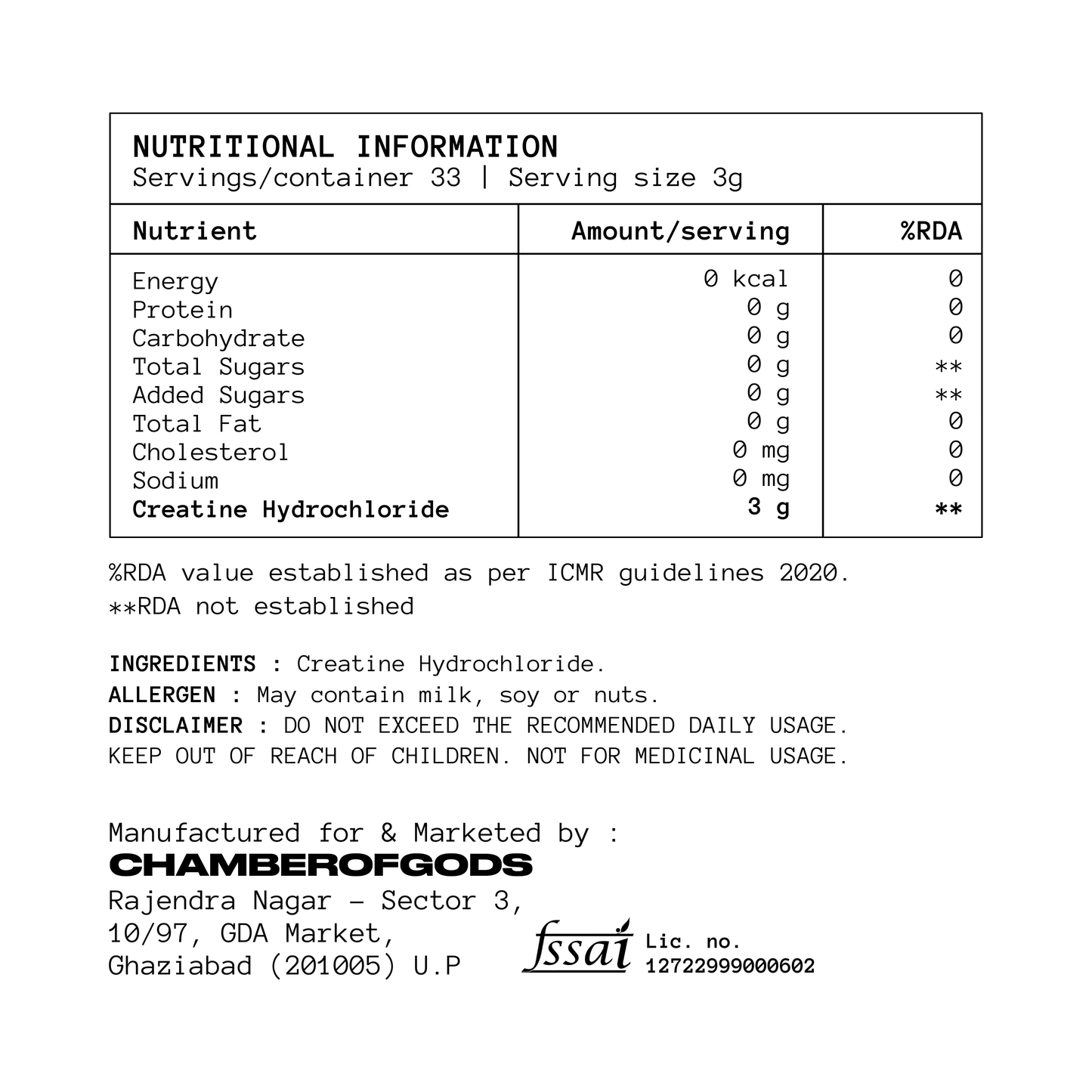 COG Creatine Hcl - 100% Pure | Built Different (33 Servings)