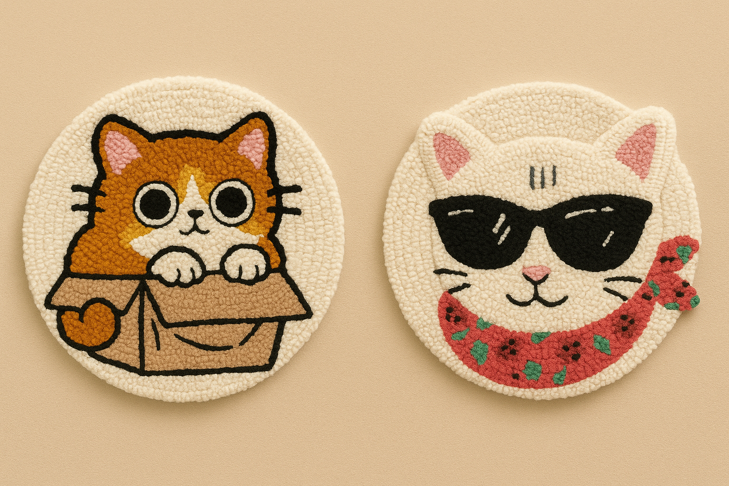 Cat chaos mug rug with playful cat design styled as table accent decor