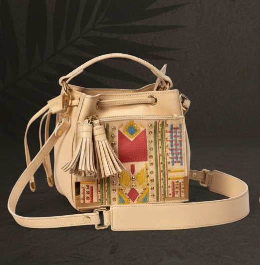 Nora Vegan Leather Embroidered Sling Bag – Almond