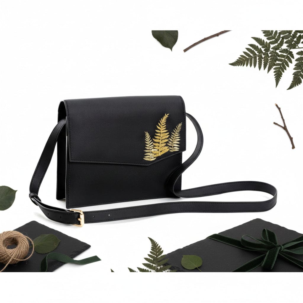 Hera – Black | Embroidered Plant Leather Crossbody Bag