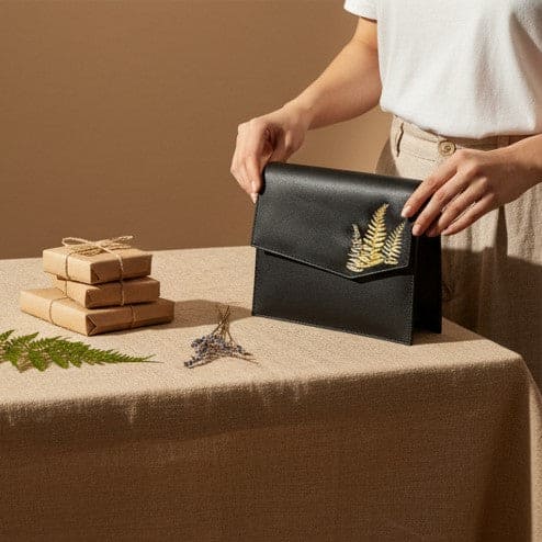 Hera – Black | Embroidered Plant Leather Crossbody Bag