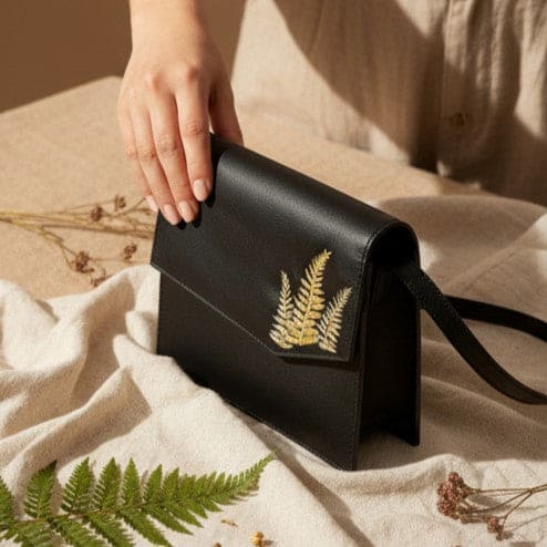 Hera – Black | Embroidered Plant Leather Crossbody Bag