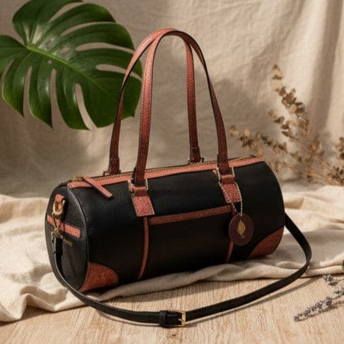 Salacia Vegan Leather Bowler Bag – Black & Madder Red
