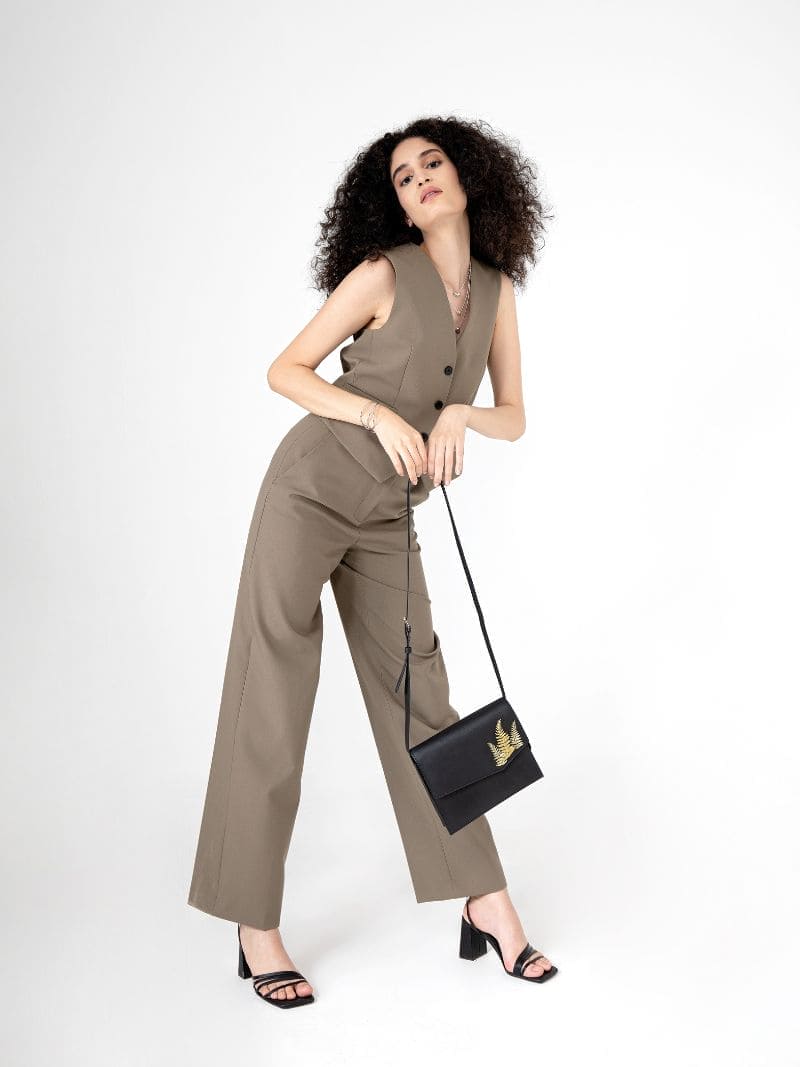 Hera – Black | Embroidered Plant Leather Crossbody Bag
