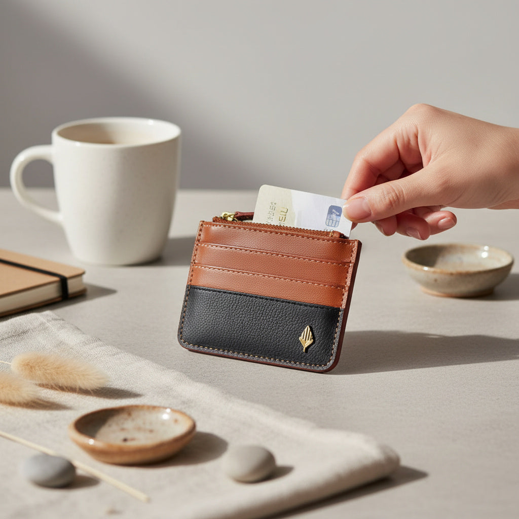 Iris – Gingerbread & Black Plant Leather Card Holder