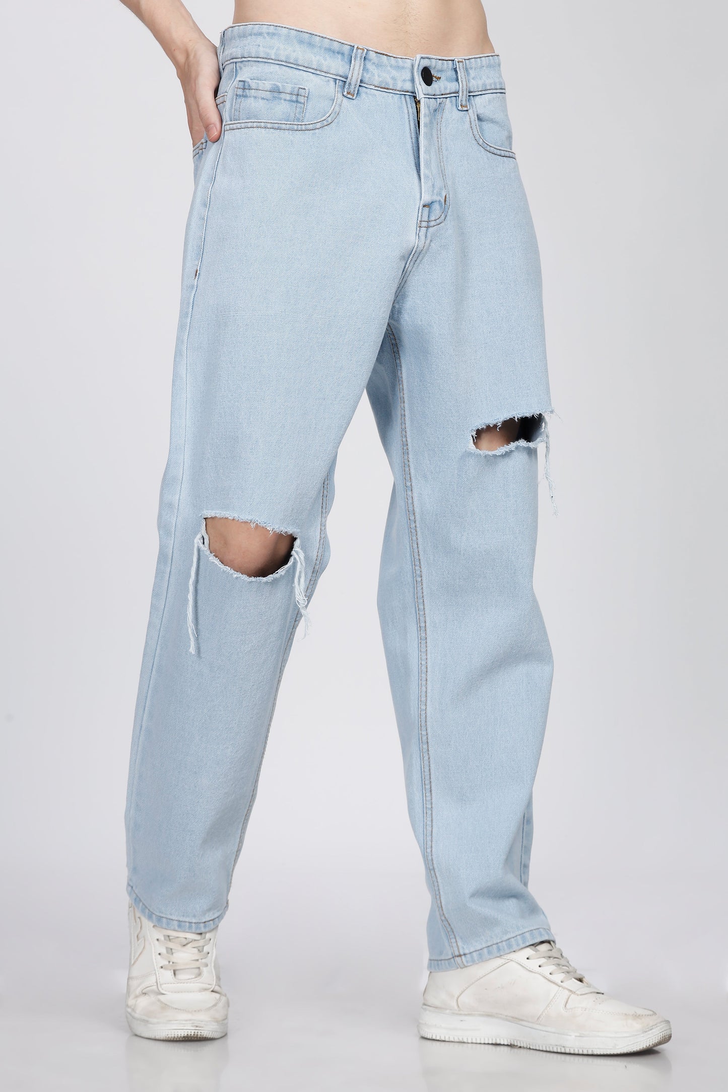 Knee- Slit Baggy Jeans- Light Blue