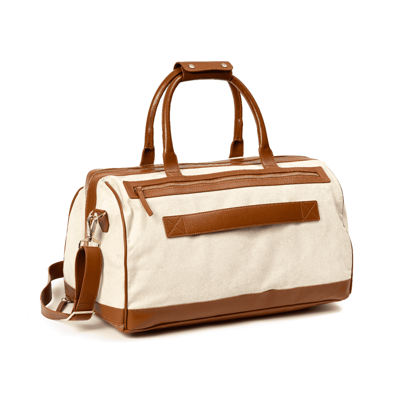 Back view of Ajax plant leather duffle bag in beige and gingerbread colour showing rear zip pocket and structured design