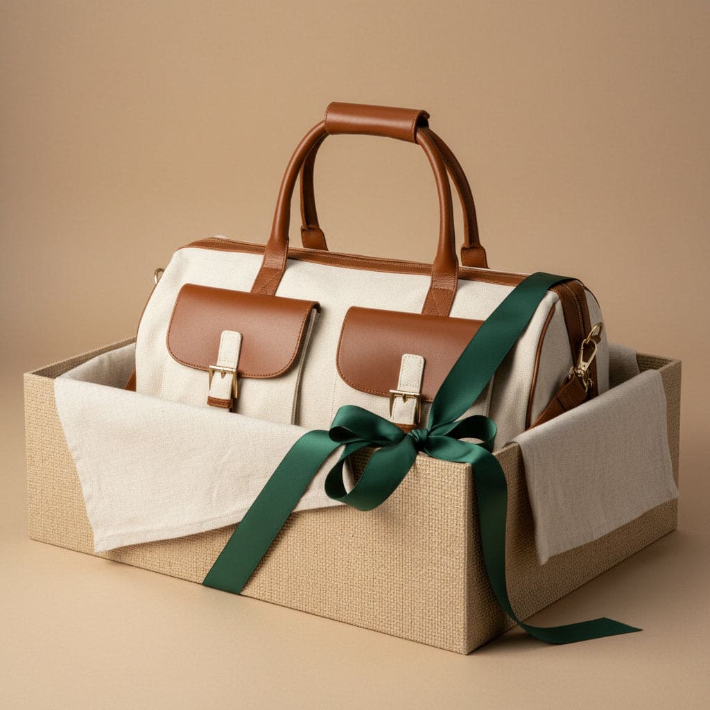 Ajax plant leather duffle bag in beige and gingerbread colour presented inside a gift box with green ribbon, highlighting premium packaging and gifting appeal
