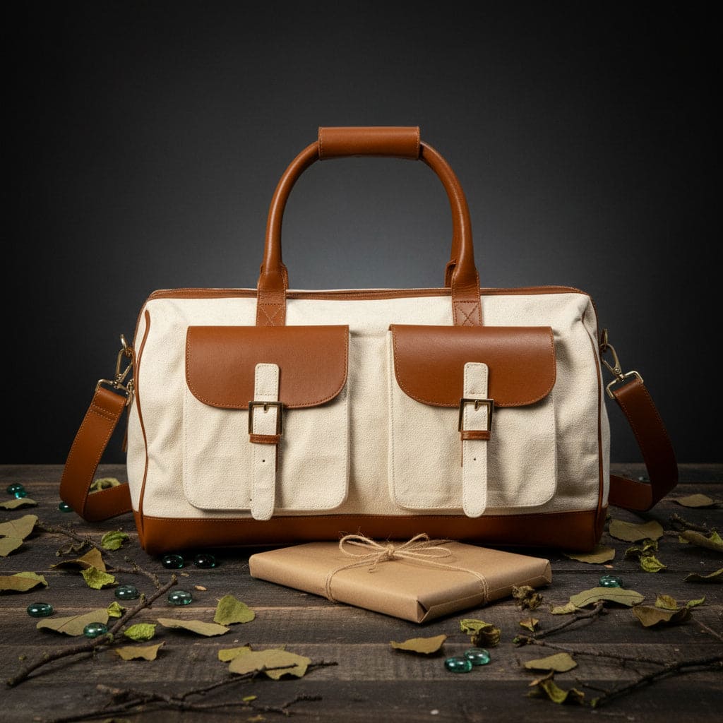 Ajax plant leather duffle bag in beige and gingerbread colour placed on a dark surface with leaves and wrapped gift, showcasing structured travel design