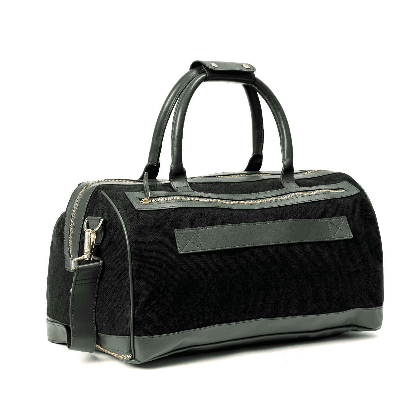 Backside view of Ajax plant leather duffle bag in black with forest green handles and trim on a clean white background