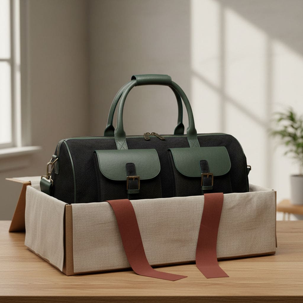 Ajax plant leather duffle bag in black and forest green placed inside a beige gift box on wooden table, premium packaging view