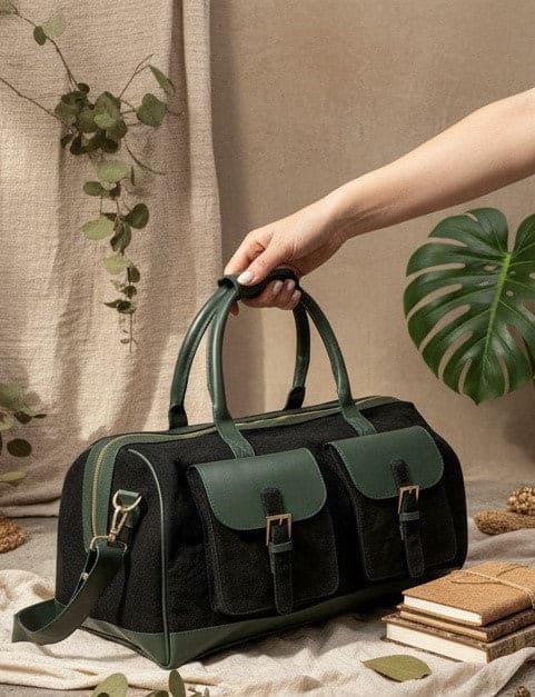 Hand holding Ajax plant leather duffle bag in black and forest green colour in a natural indoor setting with plants and decor