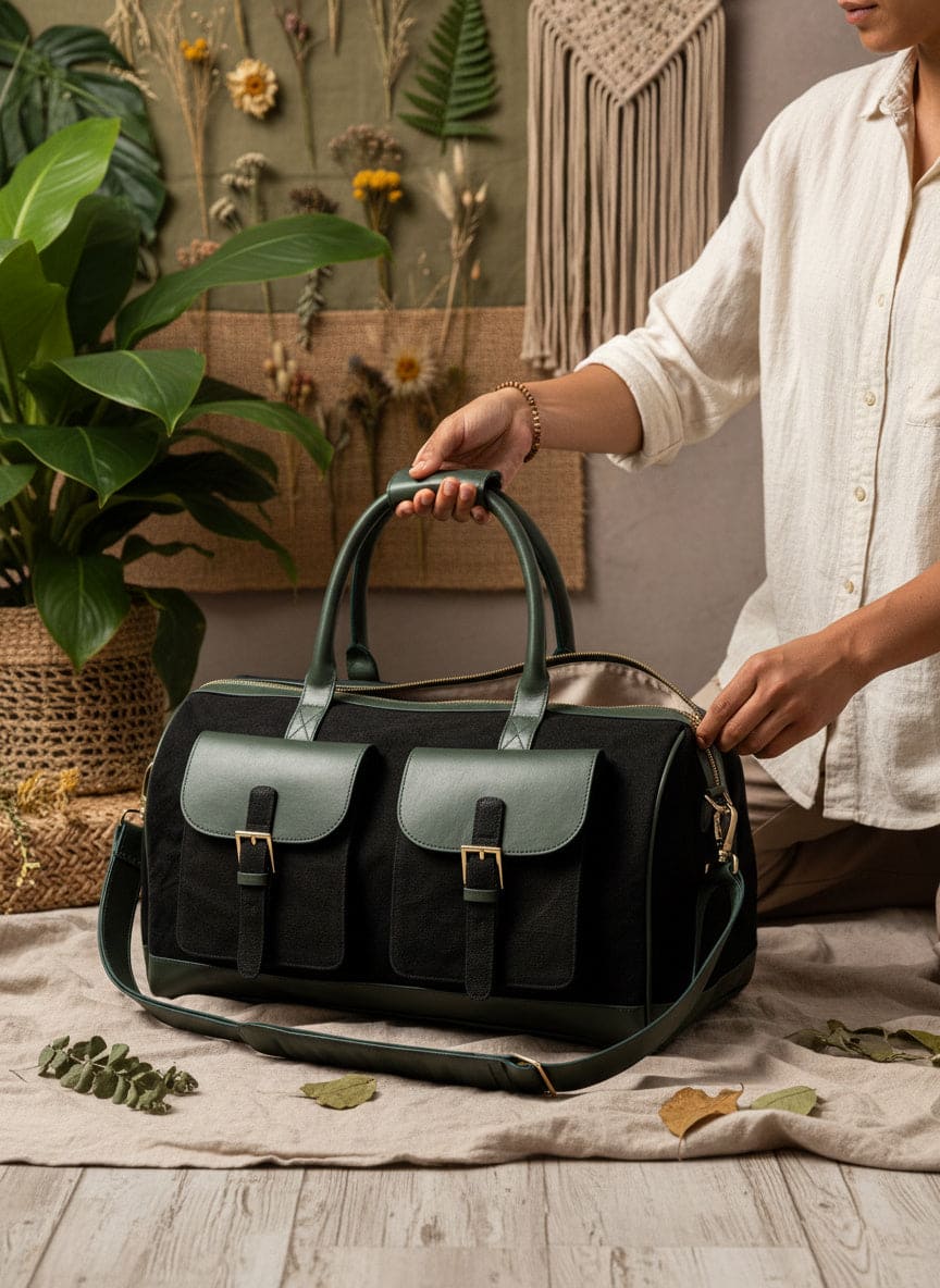 Person holding Ajax plant leather duffle bag in black and forest green colour in an indoor setting with natural decor, lifestyle view