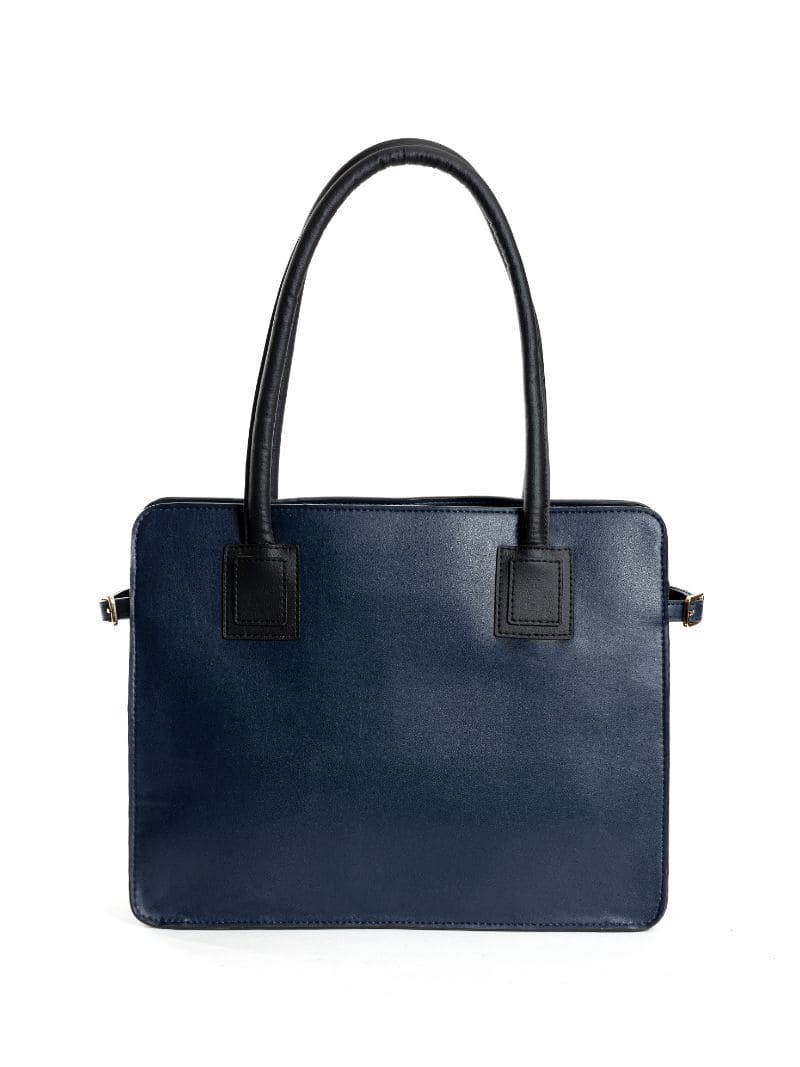 Front view of navy blue and black plant leather tote bag with structured shape on a clean white background