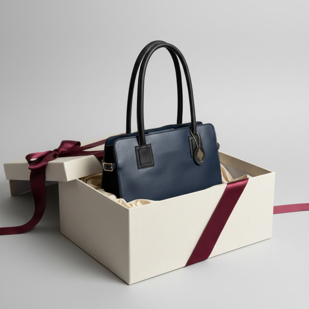 Navy blue and black plant leather tote bag placed inside a premium gift box with ribbon on a neutral background