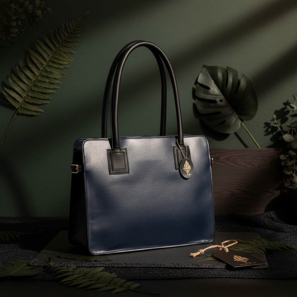 Navy blue and black plant leather tote bag placed on a dark surface with soft lighting and green foliage