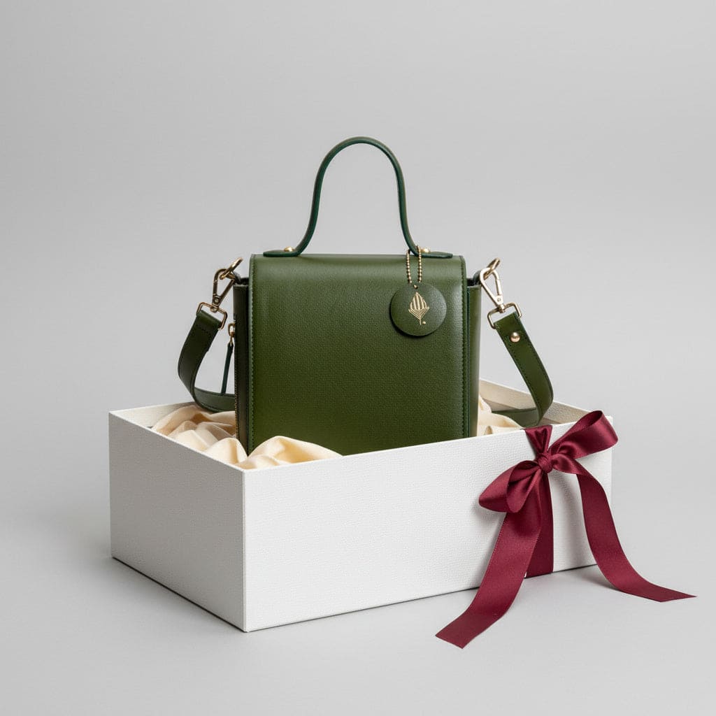 Ceres green plant leather crossbody bag placed in a white gift box with ribbon showcasing premium packaging