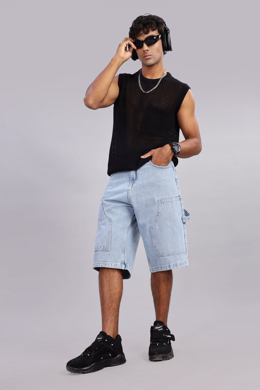 Baggy Fit Utility Denim Jorts – Light Blue