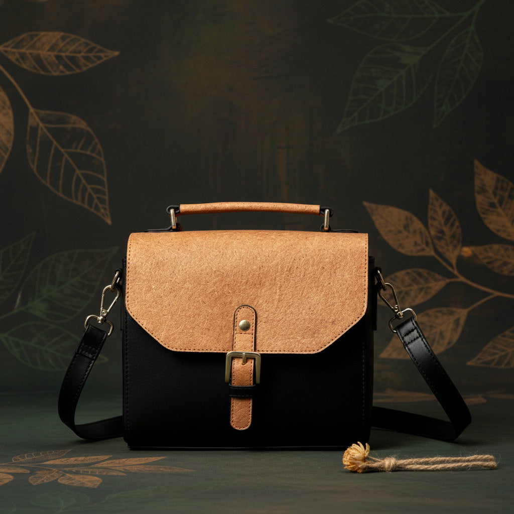 Black and coconut orange plant leather sling bag with flap and buckle closure on a dark decorative background with leaf patterns