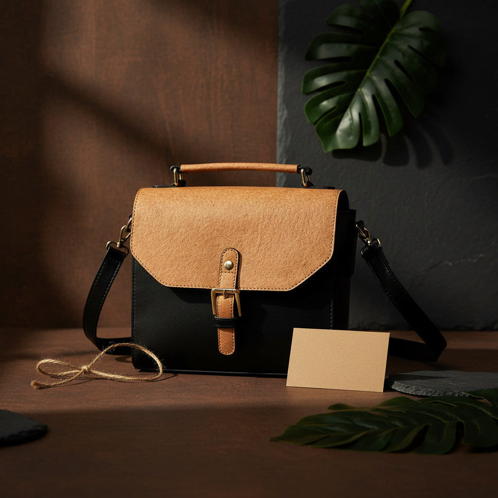 Black and coconut orange plant leather sling bag with flap and buckle closure placed on a wooden surface with natural elements