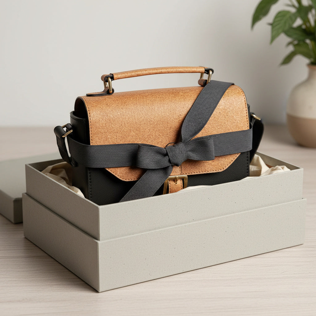 Black and coconut orange plant leather sling bag placed inside a gift box with ribbon on a light wooden surface