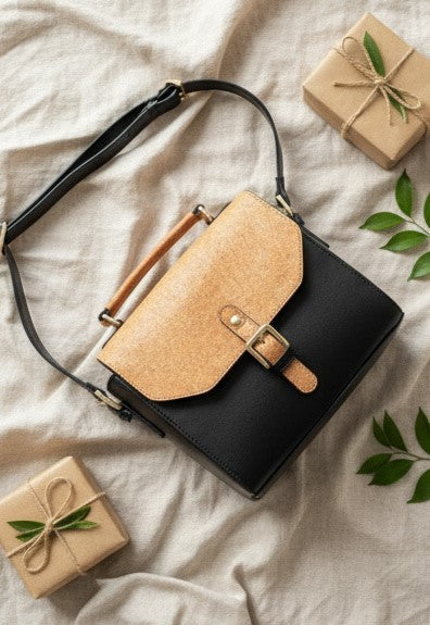 Black and coconut orange plant leather sling bag placed on a light fabric surface with gift boxes and leaves in a flat lay composition