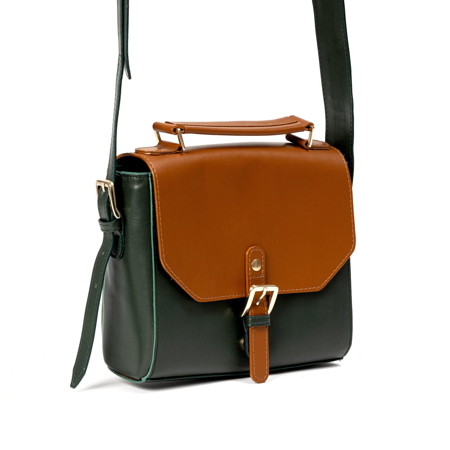 Juniper Green plant leather sling bag angled front view showing structured silhouette and adjustable strap by Green Hermitage