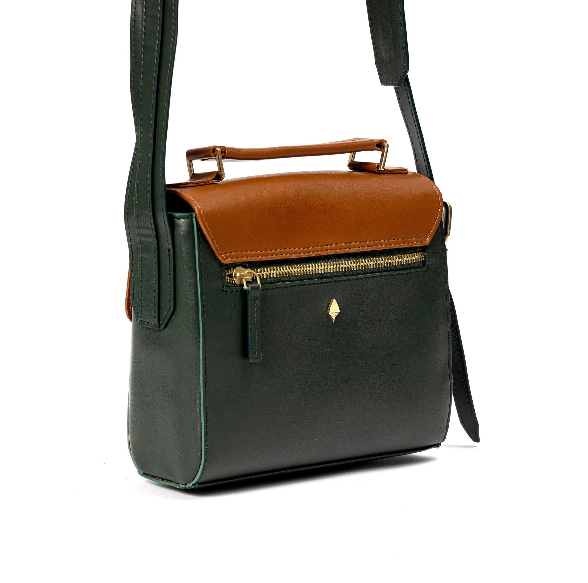 Juniper Green plant leather sling bag back view featuring rear zipper pocket and adjustable strap by Green Hermitage