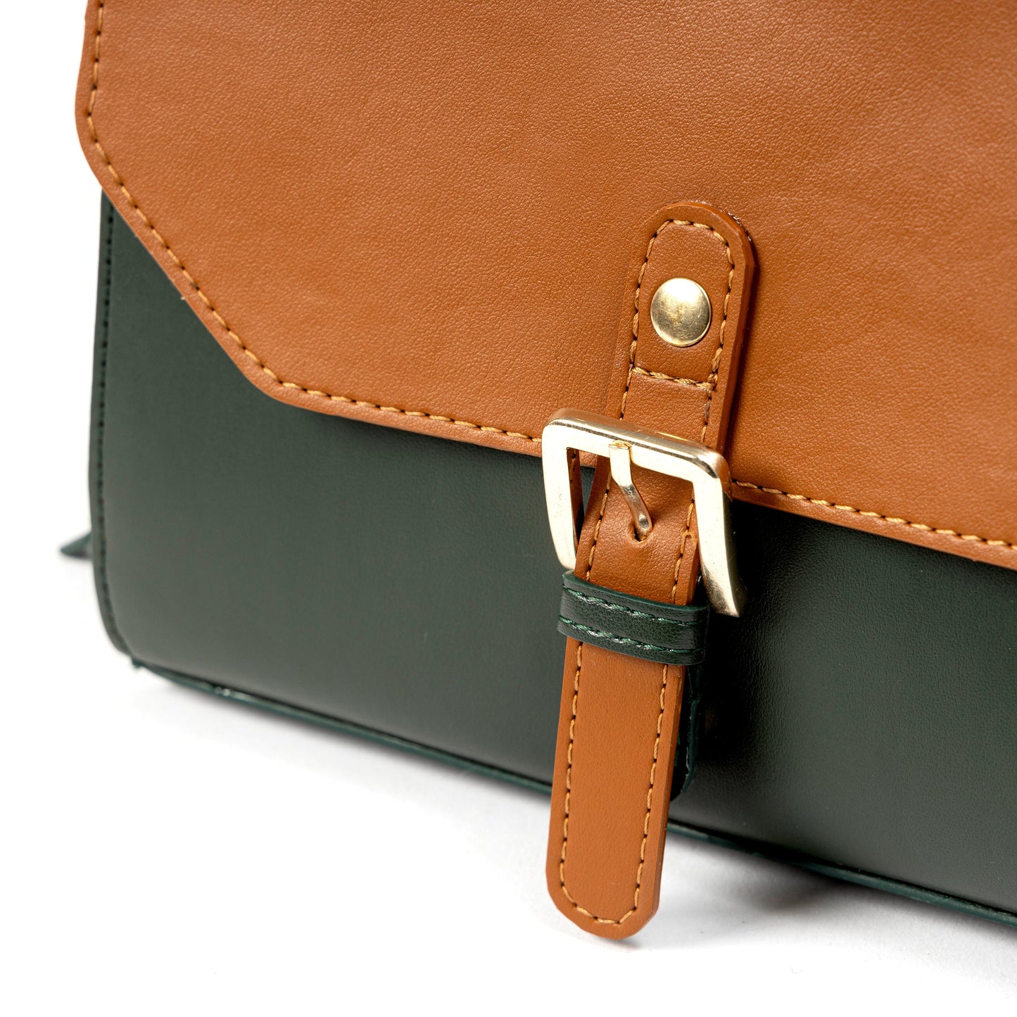 Close-up of Juniper Green plant leather sling bag buckle closure and flap detailing by Green Hermitage