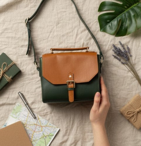 Juniper Green plant leather sling bag shown in flatlay arrangement with adjustable crossbody strap and structured buckle flap by Green Hermitage