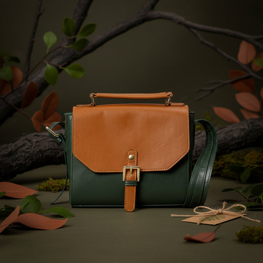 Juniper Green plant leather sling bag with structured flap and buckle closure handcrafted from banana and cactus leather by Green Hermitage