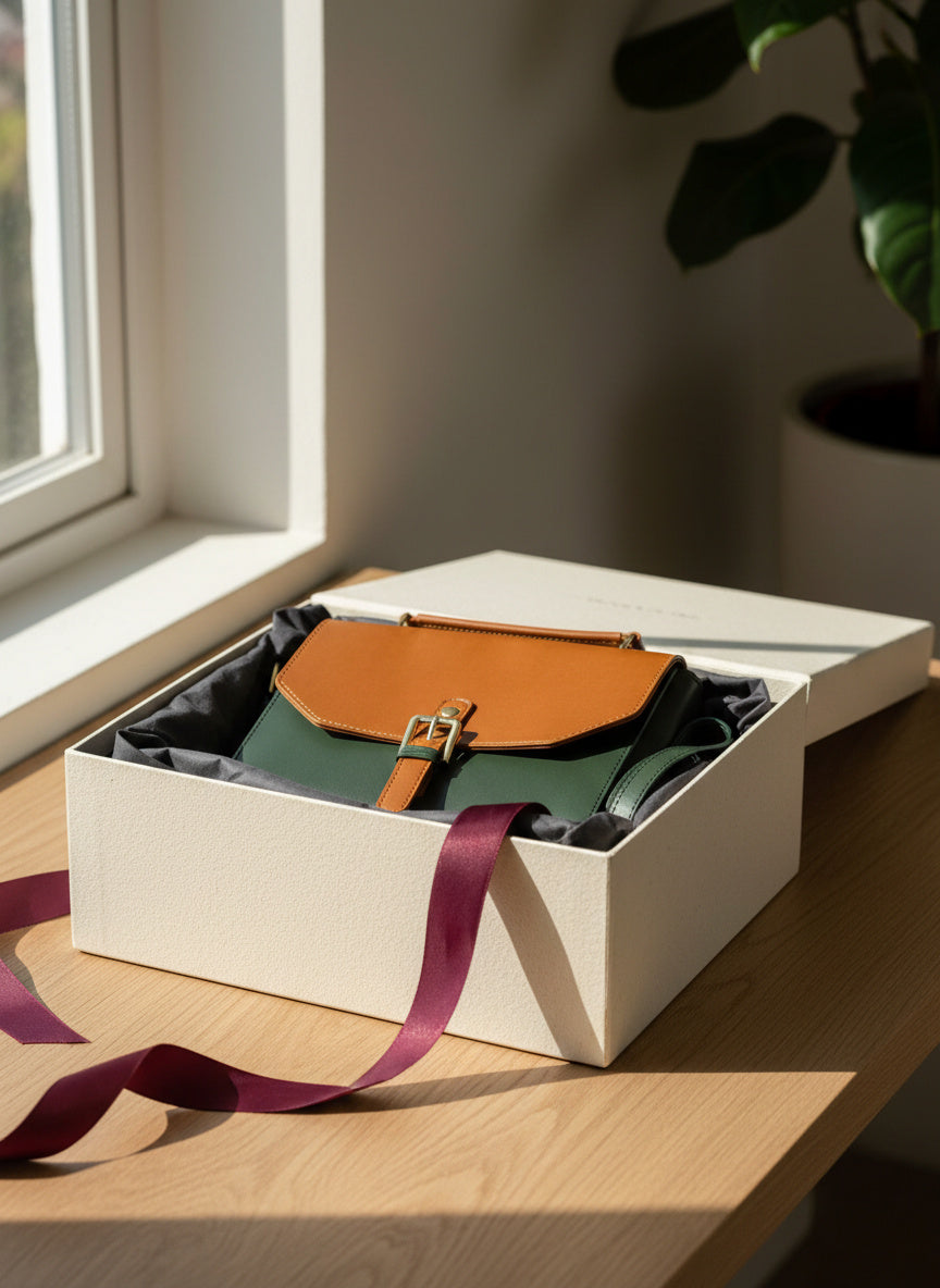 Juniper Green plant leather sling bag presented in premium packaging box by Green Hermitage