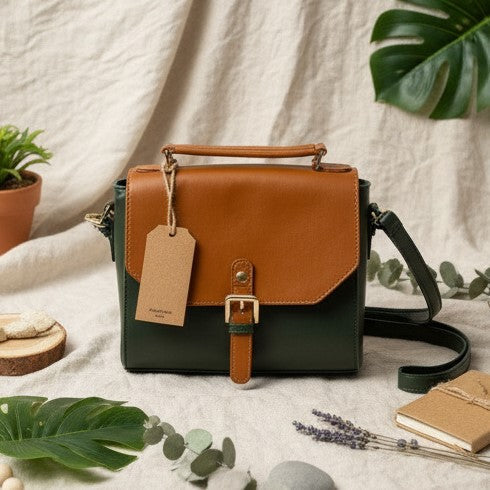 Juniper Green plant leather sling bag displayed in styled setting with adjustable strap and buckle closure by Green Hermitage