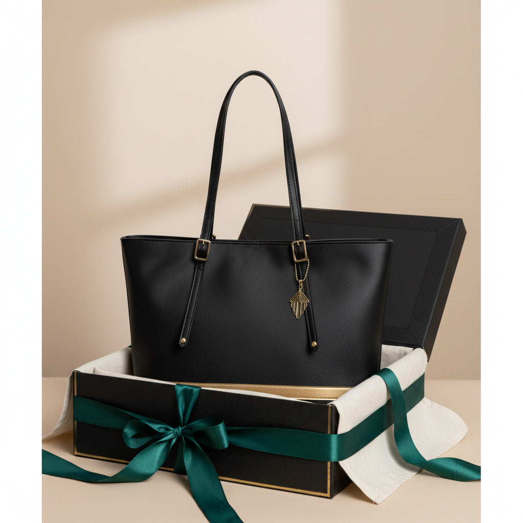 Minerva black plant leather tote bag displayed in luxury gift box with premium packaging