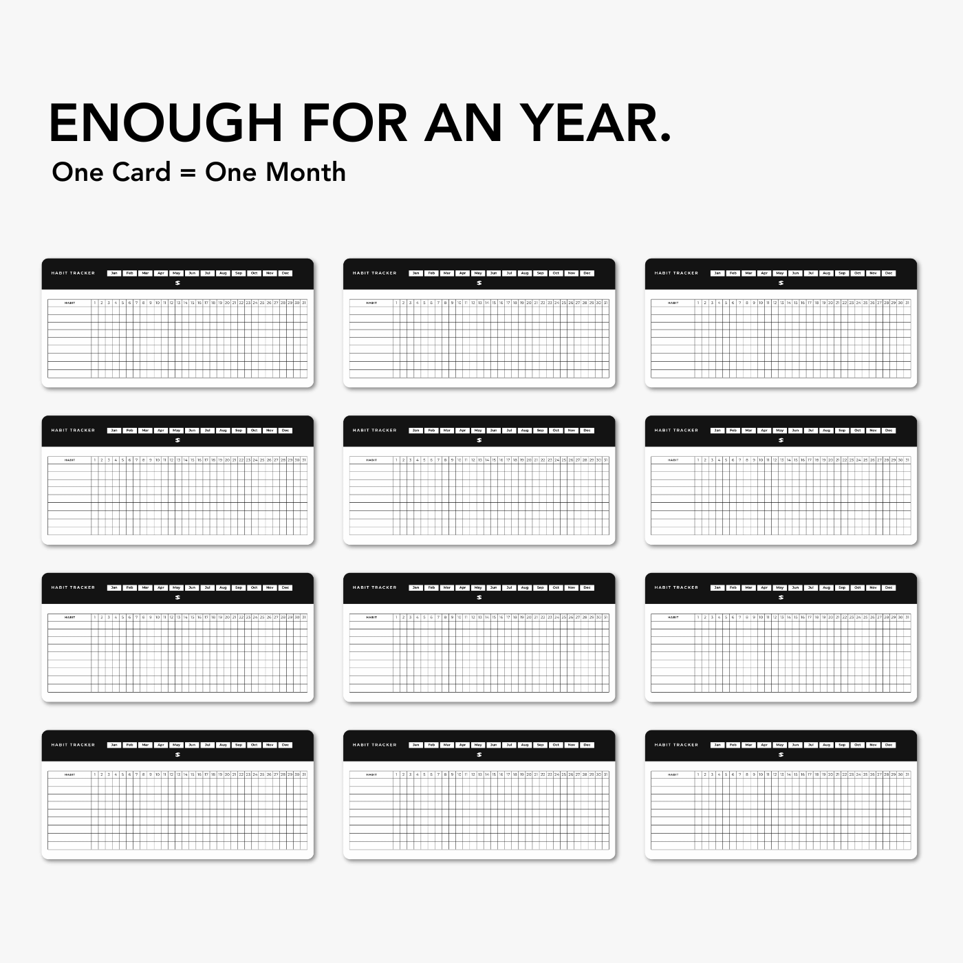 Habit Tracker Cards - 12 Month Pack - Daily & Monthly Goal Board & Productivity Journal