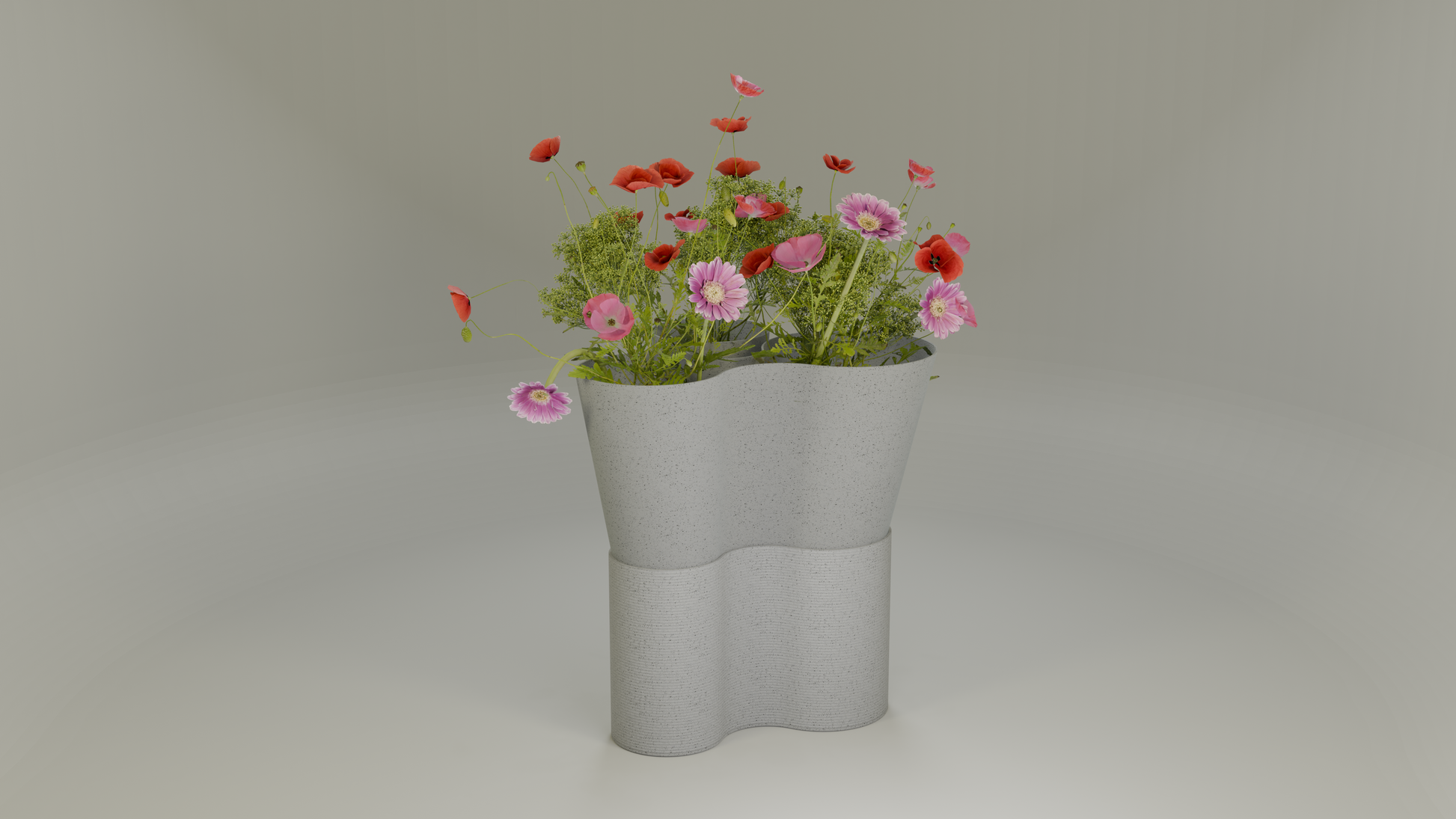 Paso Glo vase, a dual-sectioned marble coloured planter, unlit, holding red and pink flowers.