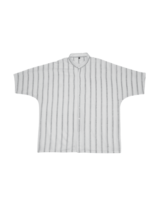 White Handwoven Kimono Shirt – with Dobby Line Embroidery in Black - Kaaro - handwoven cotton - sustainable - ethical